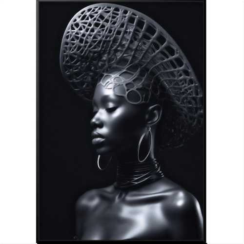 Quadro com estampa de mulher em perfil, usando chapéu intricado com padrão geométrico, grandes argolas nas orelhas e uma textura metálica marcante.