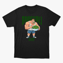 Camiseta com estampa frontal de um fisiculturista segurando uma tigela cheia de brócolis, com a palavra "Broccoli" em destaque acima dele.