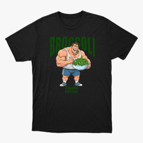 Camiseta com estampa frontal de um fisiculturista segurando uma tigela cheia de brócolis, com a palavra "Broccoli" em destaque acima dele.