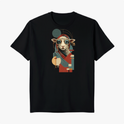 Camiseta com estampa frontal de ovelha estilizada usando óculos de sol, com elementos geométricos sobrepostos, incluindo círculos e retângulos diversos.