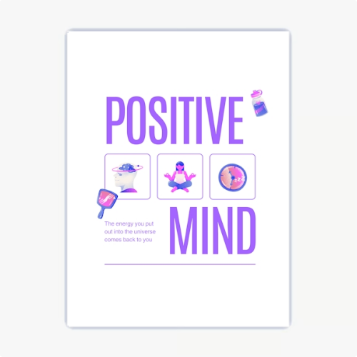 Quadro com estampa de "Positive Mind", três quadrados com símbolos de nave espacial, meditação e sono, mais frase inspiradora.