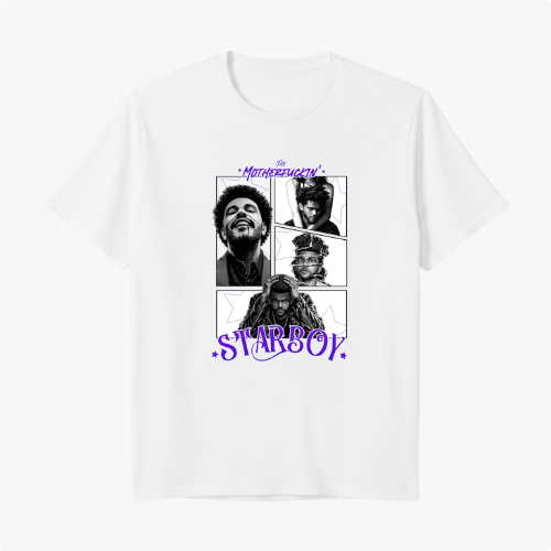 Camiseta com estampa frontal de quatro retratos em quadrinhos de um artista musical, acompanhada do texto estilizado "Starboy" e "House of Balloons".