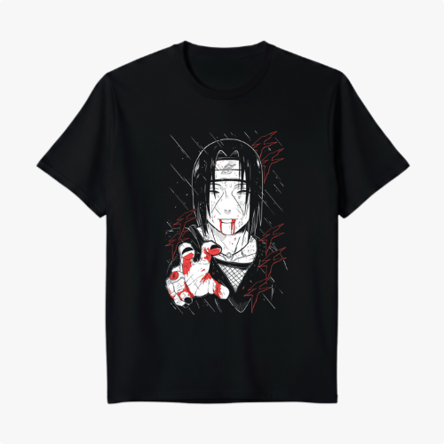 Camiseta com estampa frontal de personagem de anime com cabelo longo, expressão séria e sangue nas mãos, cercado por linhas diagonais e detalhes vermelhos.