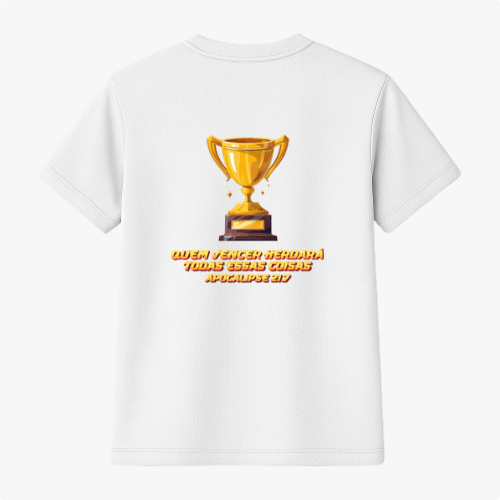 Camiseta com estampa frontal de troféu e estampa traseira de troféu grande acompanhado da frase "QUEM VENCER HERDARA TODAS ESSAS COISAS APOCALIPSE 21:7".