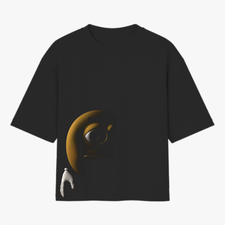 Camiseta com estampa frontal de um personagem amarelo parcialmente oculto, exibindo um olho expressivo e uma mão branca apontada para baixo.