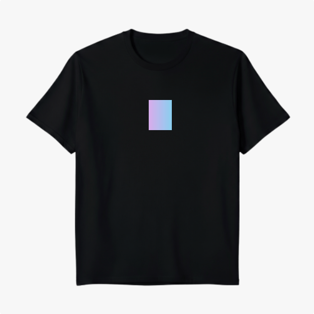 Camiseta com estampa frontal de retângulo gradiente e estampa traseira de lâmpada rodeada por explosão de cores vibrantes em fundo gradiente.