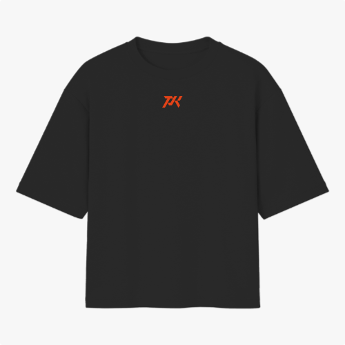 Camiseta com estampa frontal de iniciais estilizadas "TK" e estampa traseira de personagem musculoso com braços erguidos acima do texto "Parker Squad".