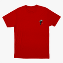 Camiseta com estampa frontal de uma mão esquelética segurando um cordão que pende uma bola vermelha, sugerindo um visual misterioso e intrigante.