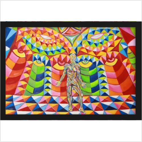 Quadro com estampa de figura humana estilizada sobre fundo geométrico vibrante, composto por formas triangulares e padrões multicoloridos hipnotizantes.