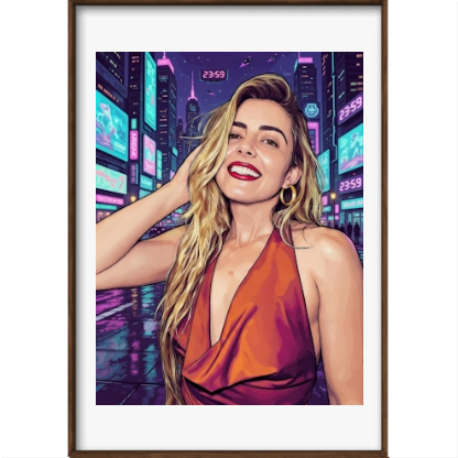 Quadro com estampa frontal de ilustração vibrante de uma mulher sorridente em ambiente urbano noturno, com letreiros luminosos coloridos ao fundo.