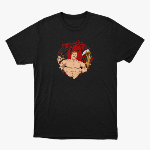 Camiseta com estampa frontal de guerreiro musculoso segurando uma arma sobre fundo circular e estampa traseira de personagem em pose poderosa com texto.