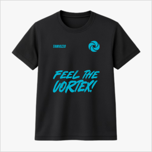 Camiseta com estampa frontal de logo circular estilizado e frase "FEEL THE VORTEX!" e estampa traseira de texto "BOTUVA 2026 VORTEX 4 WAY TEAM".