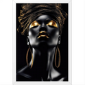 Quadro com estampa frontal de mulher estilizada com maquiagem dourada, usando brincos grandes e um turbante com textura dourada, criando um visual luxuoso.