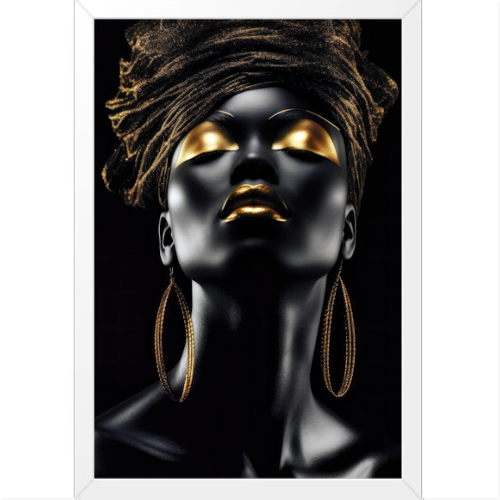 Quadro com estampa frontal de mulher estilizada com maquiagem dourada, usando brincos grandes e um turbante com textura dourada, criando um visual luxuoso.