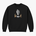 Moletom com estampa frontal de uma cabeça de estátua estilo clássico entre duas mãos e a frase "CHILL BITCH" em letras estilizadas logo abaixo.
