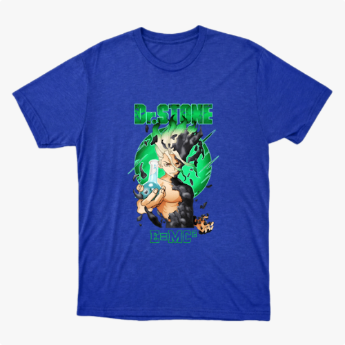Camiseta com estampa frontal de personagem anime segurando um frasco, envolto em elementos científicos e letras "Dr. Stone" acima e "E=MC²" abaixo.