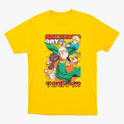 Camiseta com estampa frontal de dois personagens em estilo anime, um segurando café e outro apontando, com texto em japonês e inglês acima e abaixo.