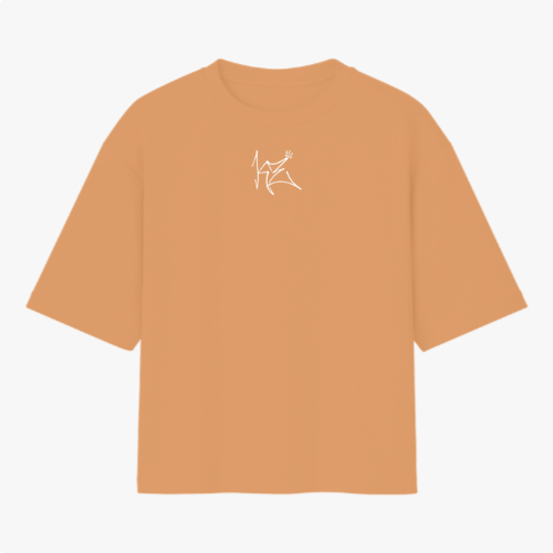 Camiseta com estampa frontal de desenho estilizado minimalista e estampa traseira de dado vermelho flutuante cercado por fumaça sinuosa.
