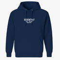 Moletom com estampa frontal de texto "SEVENTY x 7" seguido por "EST. 33 A.D. GRACE DEPT.", destacando uma estética minimalista e moderna.