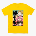 Camiseta com estampa frontal de três painéis mostrando silhuetas e personagens, com textos: "A Spy", "The Father", "Telepath", "The Daughter", "An Assassin", "The Mother".