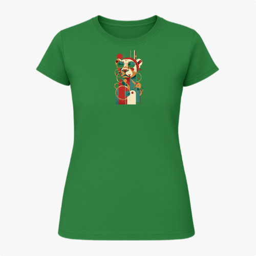 Camiseta com estampa frontal de urso estilizado usando óculos de sol com elementos geométricos e círculos sobrepostos, criando um efeito visual moderno.