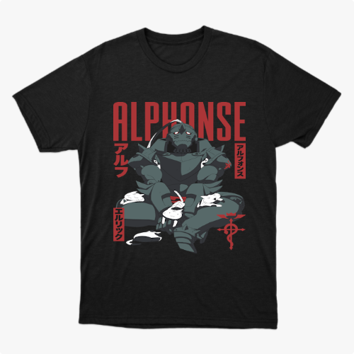 Camiseta com estampa frontal de uma figura robótica em posição sentada, cercada por pequenos coelhos e símbolos decorativos ao lado do texto "ALPHONSE".