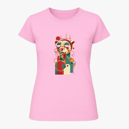 Camiseta com estampa frontal de um panda estilizado em formas geométricas e óculos de sol, com um design moderno composto por linhas e círculos abstratos.