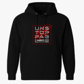 Moletom com estampa frontal de texto geométrico "UNSTOPPABLE" em estilo block, com detalhes riscados e fundo quadriculado, finalizando com "NO LIMITS".