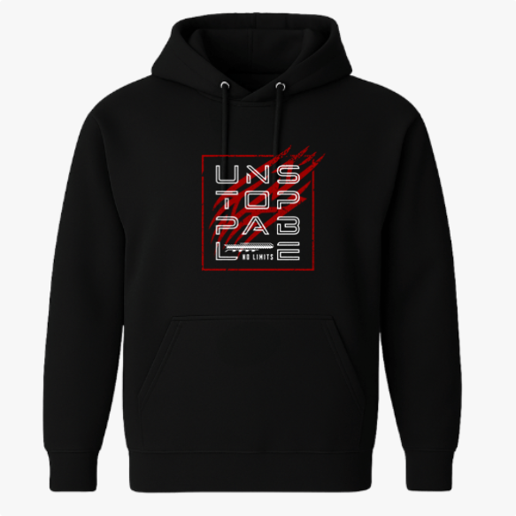 Moletom com estampa frontal de texto geométrico "UNSTOPPABLE" em estilo block, com detalhes riscados e fundo quadriculado, finalizando com "NO LIMITS".