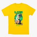 Camiseta com estampa frontal de personagem anime segurando um frasco, envolto em elementos científicos e letras "Dr. Stone" acima e "E=MC²" abaixo.