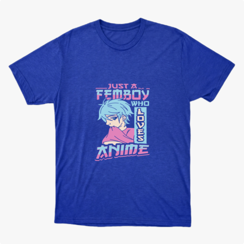 Camiseta com estampa frontal de personagem ilustrado em estilo anime com cabelo azul, vestindo camisa e texto impactante sobre amor por anime.