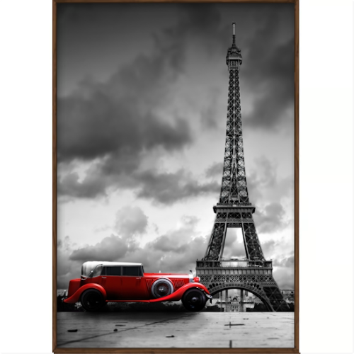 Quadro com estampa frontal de um carro vintage em destaque diante da Torre Eiffel, contrastando com o céu nublado ao fundo.