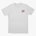 Camiseta com estampa frontal de um emblema pequeno com a palavra "VALA" e estampa traseira com texto "VALA KUSTOM SEM DESCULPAS SEM REMORSOS" e detalhes geométricos.