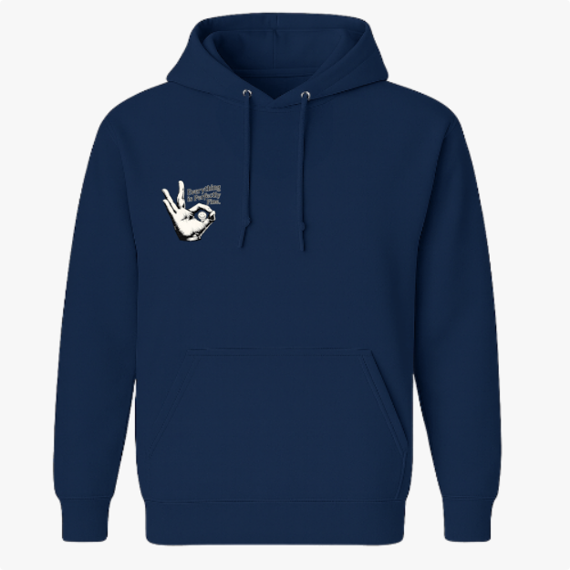 Moletom com estampa frontal de mão fazendo gesto positivo e texto inspirador, e estampa traseira de logotipo "So Fine", citação motivacional e ícone de globo.