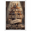 Quadro com estampa frontal de leão majestoso em meio a uma estrutura arquitetônica clássica, coroado, cercado por frases inspiradoras em estilo realista.
