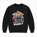 Moletom com estampa frontal de personagem animado usando chapéu de cowboy em frente a um cenário de pôr do sol com cactos e texto "Wild West Whimsy".