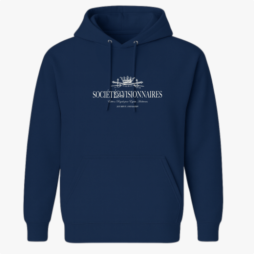 Moletom com estampa frontal de coroa detalhada acima do texto "Société Visionnaires", com frases menores em estilo clássico complementando o design.