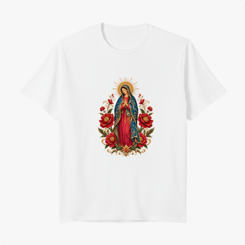 Camiseta com estampa frontal de imagem religiosa cercada por flores detalhadas e estampa traseira de logotipo estilizado com coroa e texto minimalista.