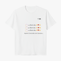 Camiseta com estampa frontal de mensagens "Bom dia" com ícones de sol e coração lado a lado de círculos coloridos, seguida de "Aporte Concluído com Sucesso...".