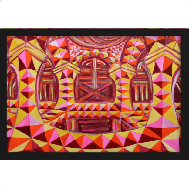 Quadro com estampa de formas geométricas triangulares que se sobrepõem, criando um padrão caleidoscópico e simétrico com linhas e detalhes intricados.