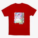 Camiseta com estampa frontal de personagem com fitas, estrelas ao redor, texto vertical "SYLVEON" e "#0700".