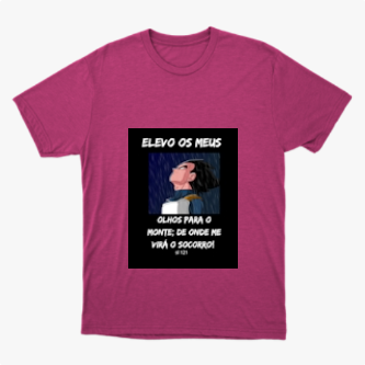 Camiseta com estampa frontal de personagem olhando para cima, texto "ELEVO OS MEUS OLHOS PARA O MONTE; DE ONDE ME VIRÁ O SOCORRO?" e referência bíblica.