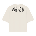 Camiseta com estampa frontal de logotipo com letras estilizadas em tamanho reduzido e estampa traseira de letras grandes em estilo abstrato e arrojado.