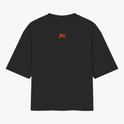 Camiseta com estampa frontal de logotipo estilizado em letras e estampa traseira de figura muscular exibindo braços cruzados acima do texto "Parker Squad".