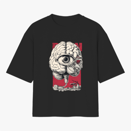 Camiseta com estampa frontal de um cérebro detalhado, integrando um olho central e uma cena industrial ao fundo em um design surrealista.