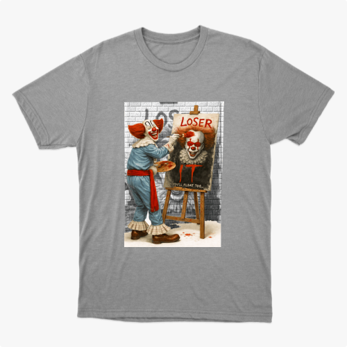 Camiseta com estampa frontal de palhaço pintando retrato de outro palhaço em mural, com palavra "LOSER" escrita acima e detalhe de parede de tijolos.