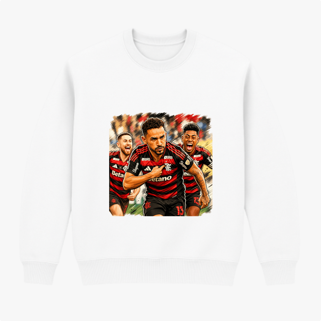Moletom com estampa frontal de três jogadores de futebol em ação, vestindo uniformes listrados, com expressões determinadas e fundo em movimento.