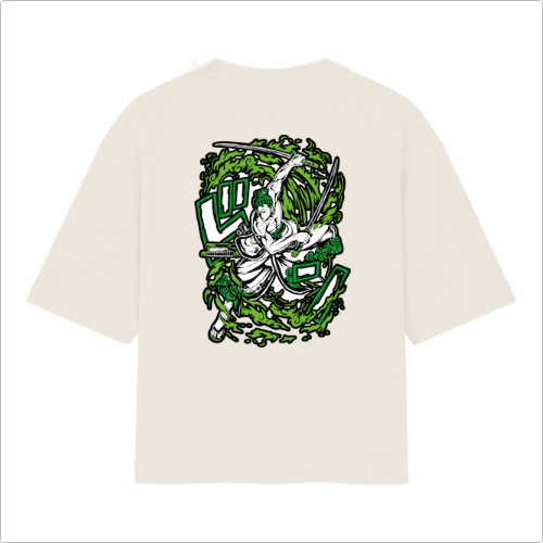 Camiseta com estampa frontal de caracteres estilizados e estampa traseira de figura guerreira empunhando espadas, rodeada por um redemoinho vibrante.