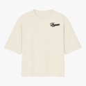 Camiseta com estampa frontal de escrita estilizada "Haganne" e estampa traseira com cartões de Hanafuda, garça, montanha e grafismos japoneses.