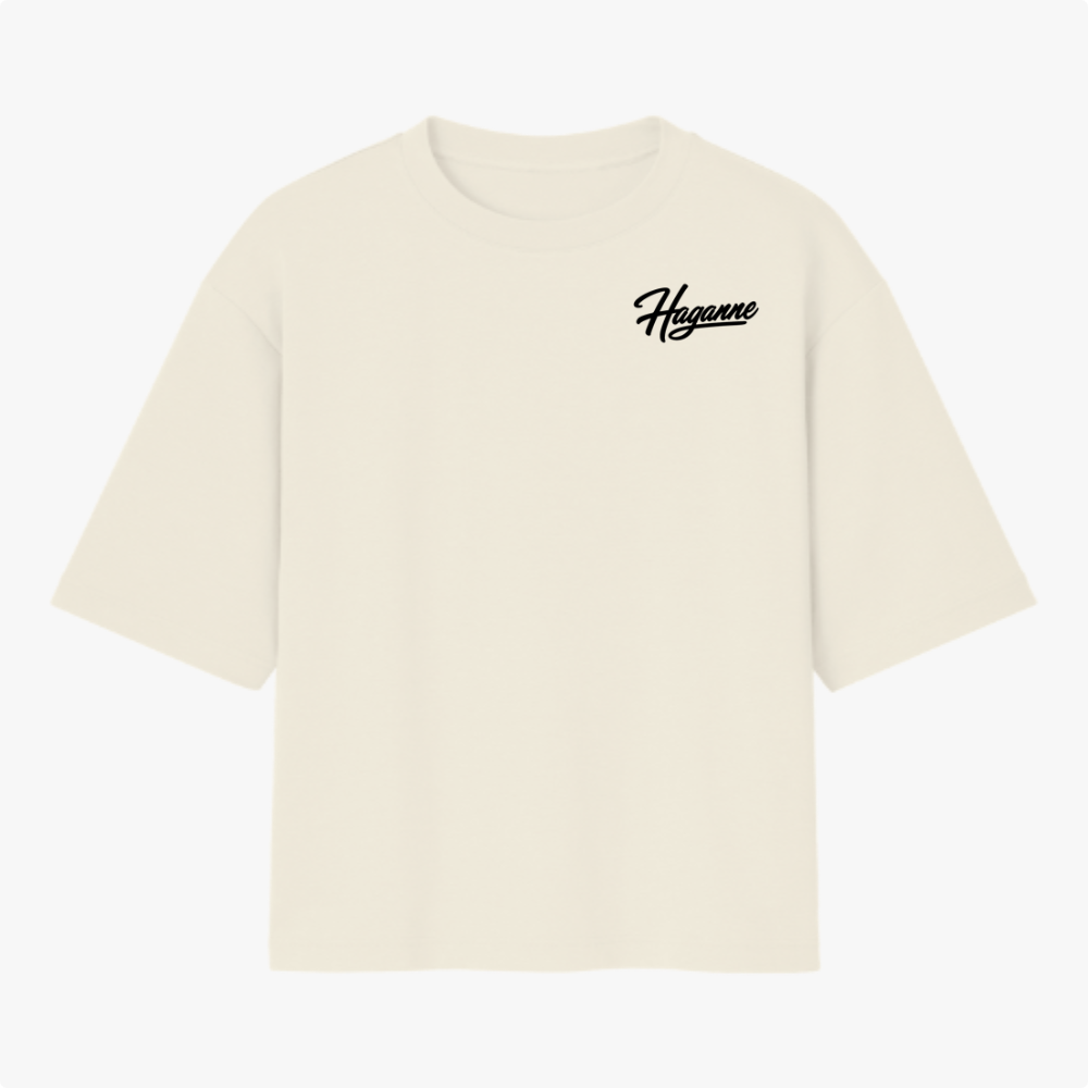 Camiseta com estampa frontal de escrita estilizada "Haganne" e estampa traseira com cartões de Hanafuda, garça, montanha e grafismos japoneses.